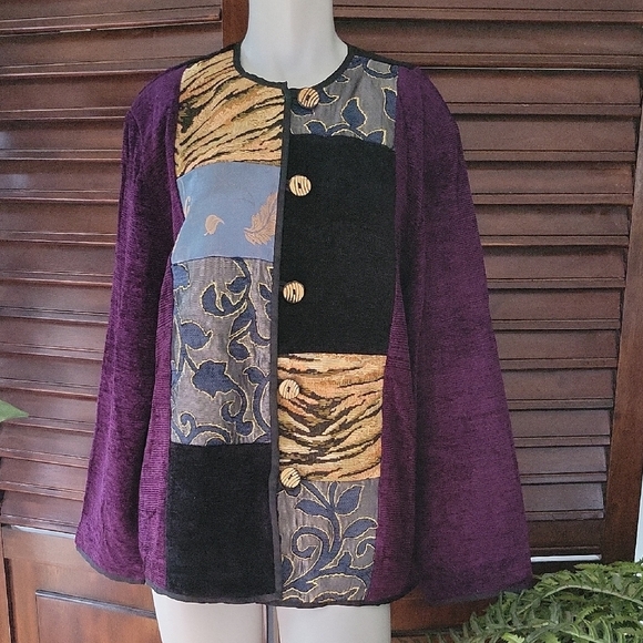 Vintage Alex Kum Patchwork Purple Jacket Button Front Tapestry Coat Large - Picture 1 of 12